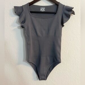 OQQ Gray Ruffled Flutter Sleeve Ribbed Bodysuit